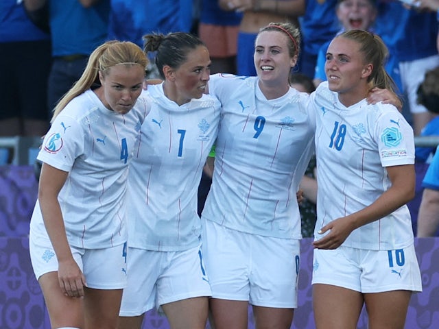 Iceland Women's Berglind Thorvaldsdottir celebrates scoring their first goal with teammates on July 10, 2022