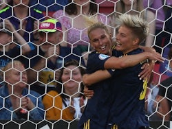 Sweden Women's Jonna Andersson celebrates scoring their first goal on July 9, 2022
