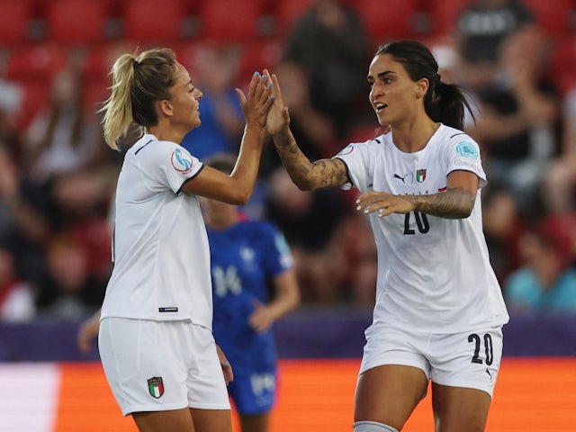 Italy Women's Martina Piemonte celebrates scoring their first goal with Martina Rosucci on July 10, 2022