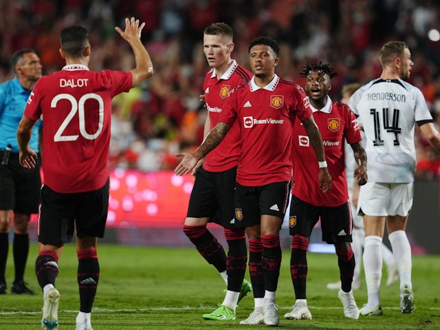 Jadon Sancho of Manchester United celebrates a goal against Liverpool on 12 July 2022