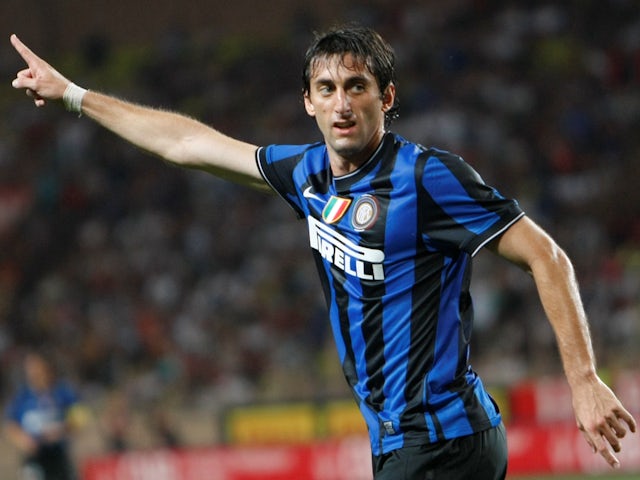 Inter Milan's Diego Milito celebrates after scoring against Monaco during a friendly on July 30, 2009.