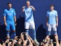 Manchester City's Erling Braut Haaland, Stefan Ortega and Julian Alvarez during the unveiling on July 10, 2022