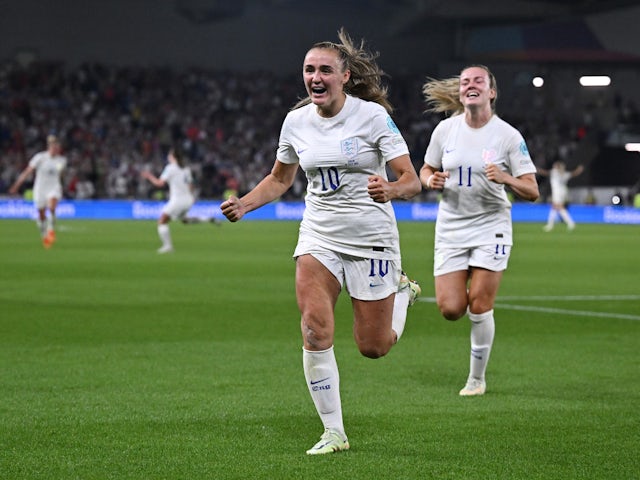 Georgia Stanway celebrates scoring for England against Spain at Women's Euro 2022 on July 20, 2022