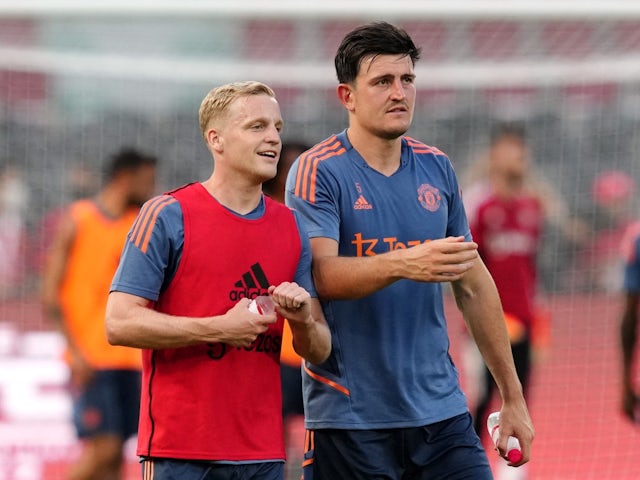 Manchester United's Harry Maguire and Donny van de Beek during training on July 11, 2022 
