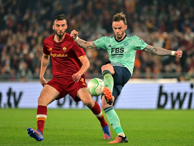 Leicester City's James Maddison in action with AS Roma's Bryan Cristante on May 5, 2022