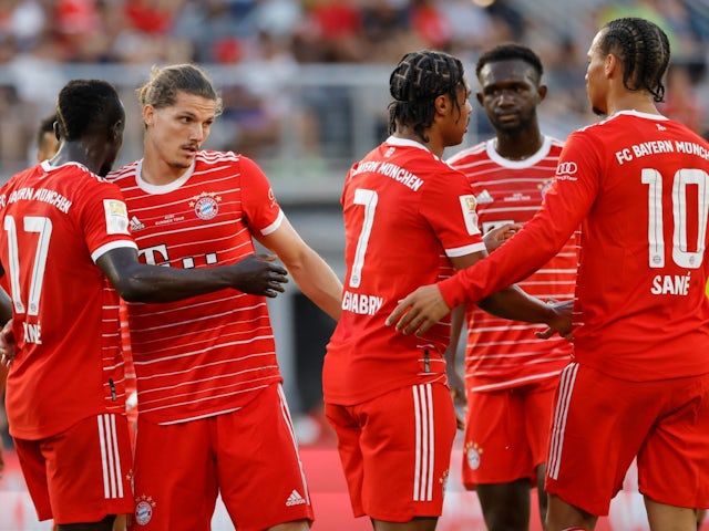 Bayern Munich midfielder Marcel Sabitzer celebrates with teammates after scoring on July 20, 2022