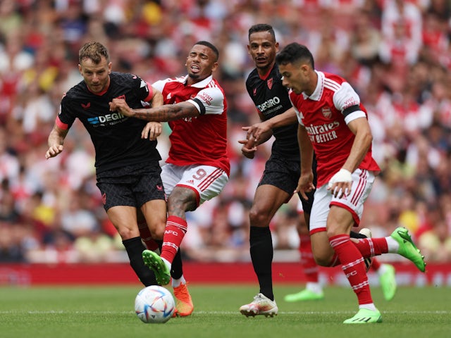 Arsenal's Gabriel Jesus and Gabriel Martinelli in action against Sevilla on July 30, 2022