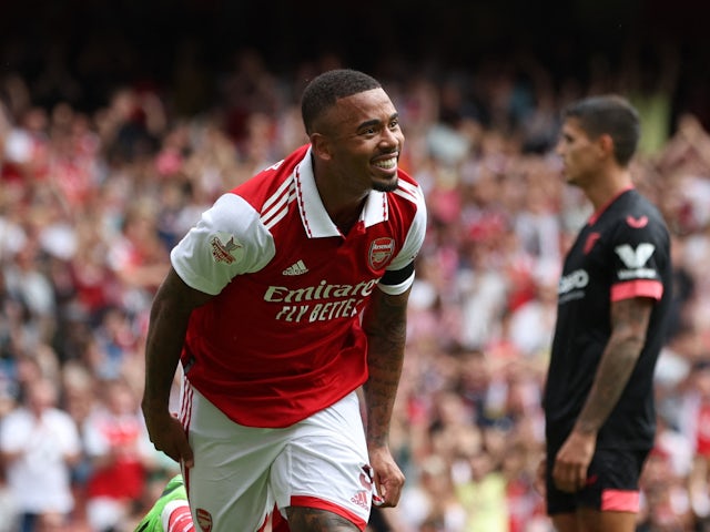 Gabriel Jesus celebrates scoring for Arsenal on July 30, 2022