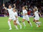 Lucy Bronze celebrates scoring for England against Sweden on July 26, 2022