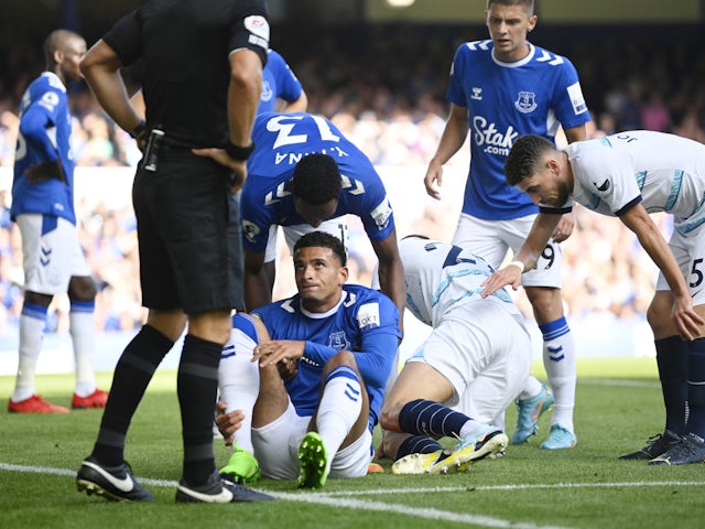 Everton defender Ben Godfrey reacts to suffering a serious ankle injury against Chelsea on August 6, 2022.