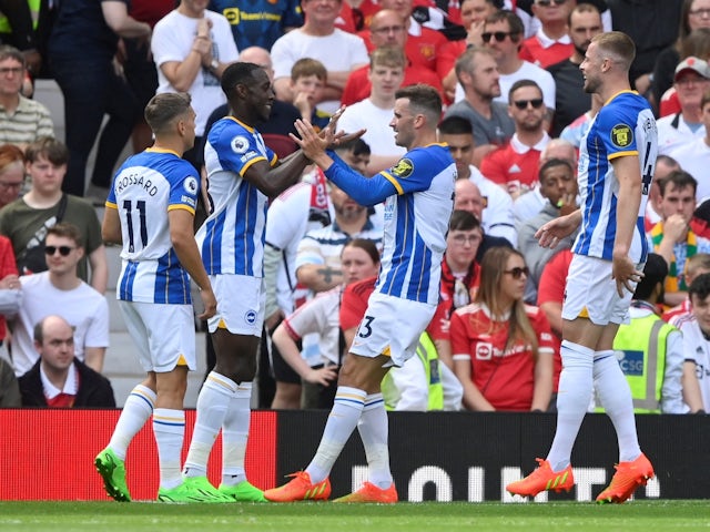Brighton & Hove Albion's Pascal Gross celebrates scoring their first goal with Danny Welbeck, Leandro Trossard and Adam Webster on August 7, 2022