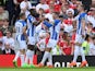 Brighton & Hove Albion's Pascal Gross celebrates scoring their first goal with Danny Welbeck, Leandro Trossard and Adam Webster on August 7, 2022
