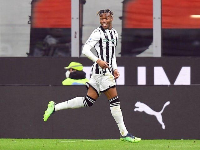 Destiny Udogie celebrates scoring for Udinese in February 2022