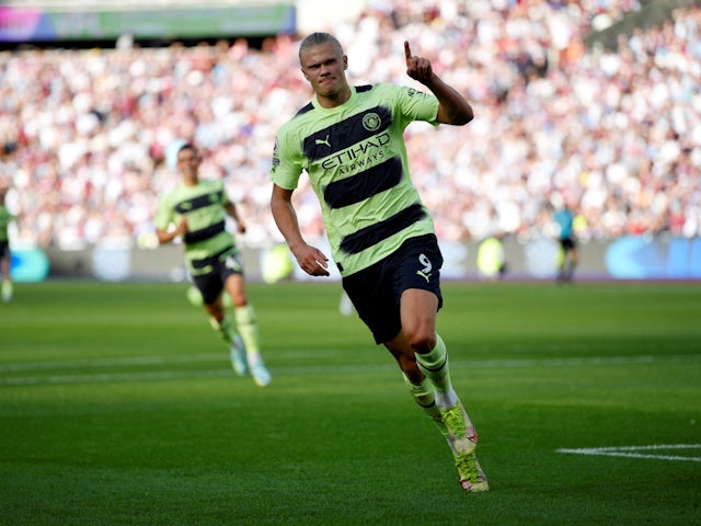 Manchester City's Erling Braut Haaland celebrates scoring their second goal on August 7, 2022