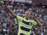 Erling Braut Haaland celebrates scoring for Manchester City on August 7, 2022