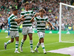 Celtic's Jota celebrates scoring their second goal with teammates on July 31, 2022