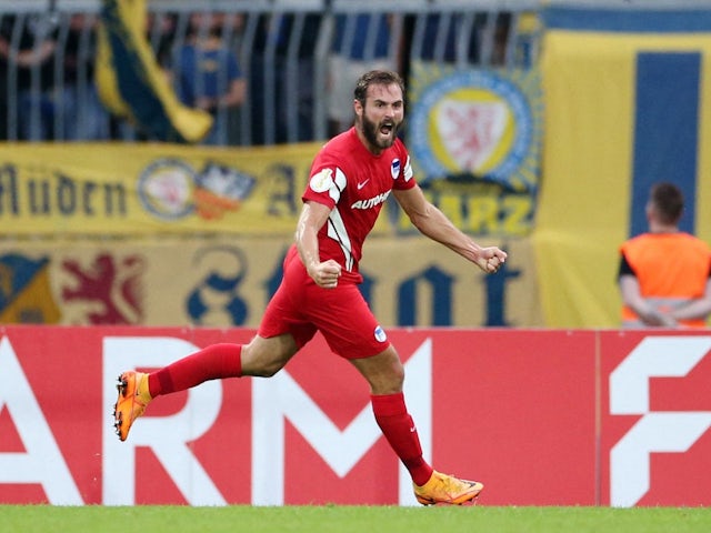 Lucas Tousart celebrates scoring for Hertha Berlin on July 31, 2022