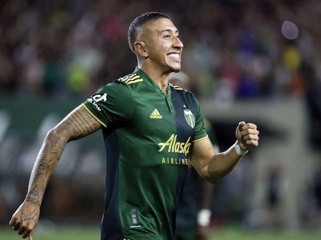 Marvin Loria celebrates scoring for Portland Timbers on August 6, 2022