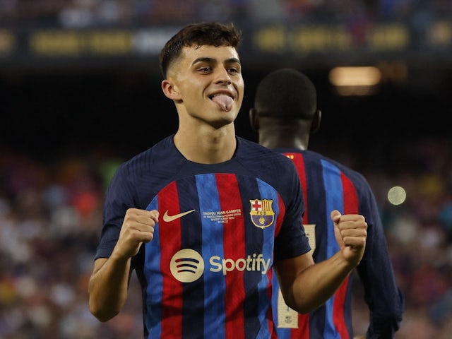 Pedri celebrates scoring for Barcelona on August 7, 2022