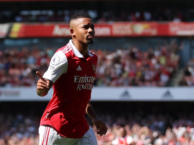 Gabriel Jesus celebrates scoring for Arsenal on August 13, 2022
