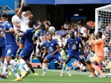 Tottenham Hotspur forward Harry Kane scoring against Chelsea on August 14, 2022.