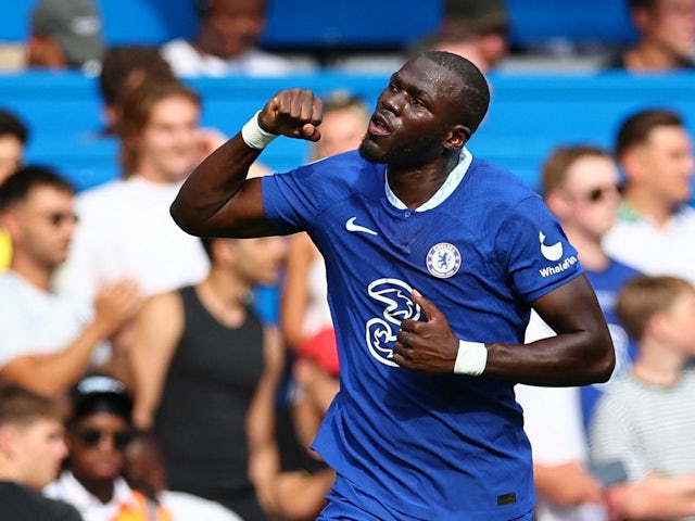 Kalidou Koulibaly celebrates scoring for Chelsea on August 14, 2022