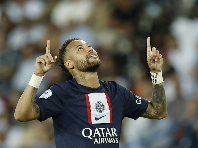 Neymar celebrates scoring for Paris Saint-Germain on August 13, 2022