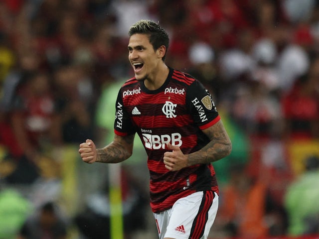 Pedro celebrates scoring for Flamengo on August 9, 2022