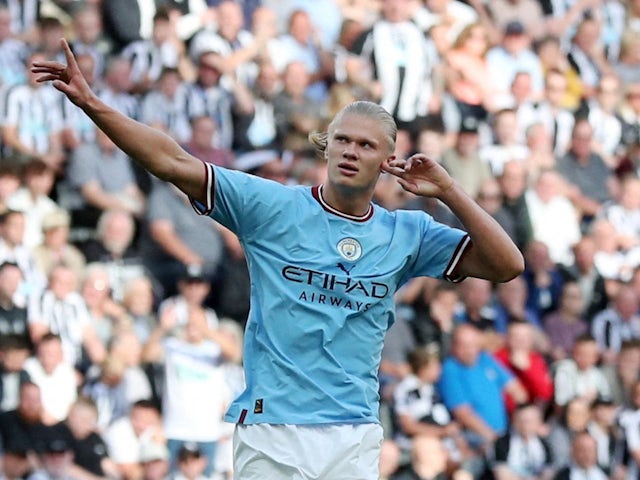 Erling Braut Haaland celebrates scoring for Manchester City on August 21, 2022