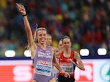 Great Britain's Keely Hodgkinson celebrates victory in the women's 800m at the European Championships on August 20, 2022.