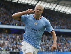Erling Braut Haaland celebrates his hat-trick for Manchester City on August 27, 2022