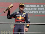 Red Bull's Max Verstappen celebrates winning the Belgian Grand Prix on August 28, 2022.