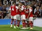 Arsenal's Gabriel Jesus celebrates scoring their first goal with teammates on August 31, 2022