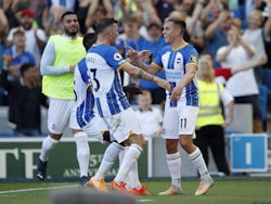 Brighton & Hove Albion's Leandro Trossard celebrates scoring their third goal with Pascal Gross on September 4, 2022