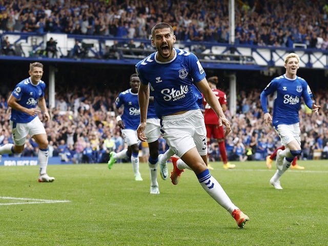 Everton's Conor Coady celebrates scoring a disallowed goal on September 3, 2022