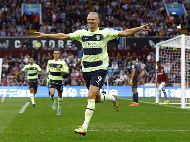 Erling Braut Haaland of Manchester City celebrates his first goal on September 3, 2022