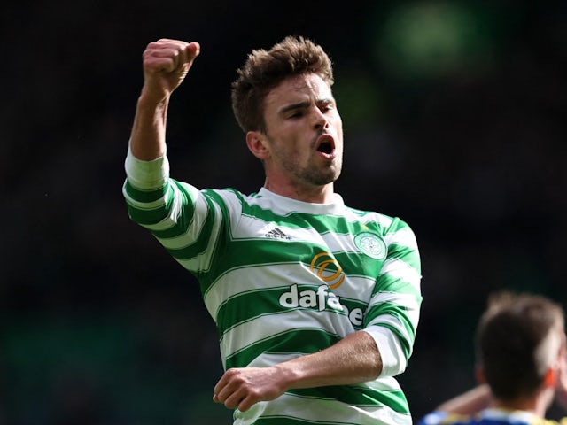 Celtic's Matt O'Riley celebrates scoring his fifth goal on 9 April 2022