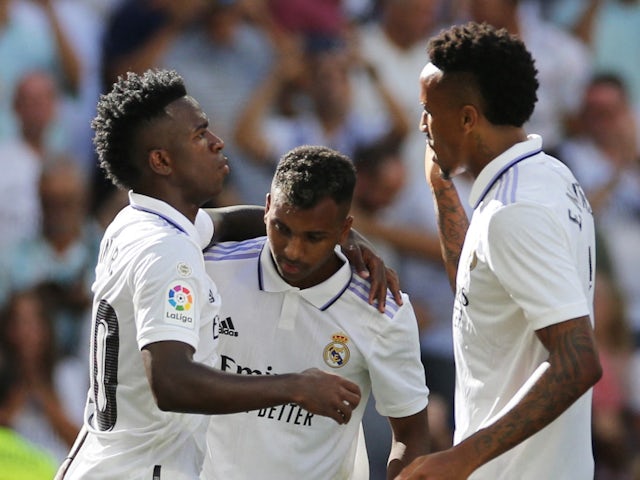 Real Madrid's Rodrygo celebrates scoring their second goal with teammates on September 3, 2022