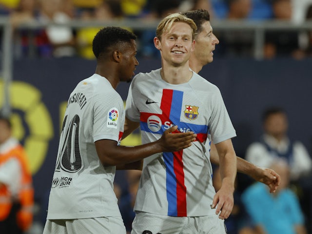 Barcelona midfielder Frenkie de Jong celebrates his goal against Cadiz on September 10, 2022
