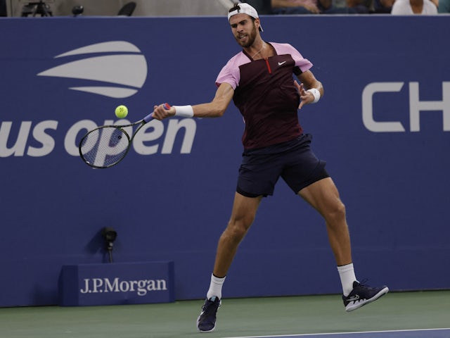 Karen Khachanov hits a forehand against Pablo Carreno Busta (ESP) (not pictured) on day seven of the 2022 U.S. Open tennis tournament at USTA Billie Jean King Tennis Center on September 4, 2022