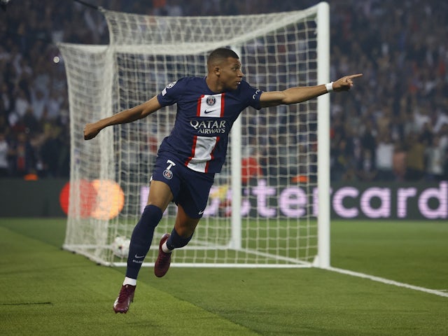 Paris Saint-Germain's Kylian Mbappe celebrates scoring their first goal on September 6, 2022