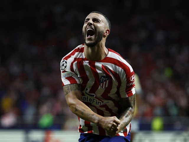 Mario Hermoso celebrates scoring for Atletico Madrid on September 7, 2022