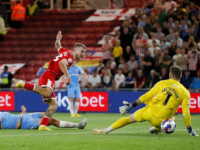 Middlesbrough's Riley McGree scores their first goal on September 5, 2022