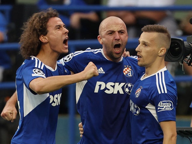 Dinamo Zagreb's Mislav Orsic celebrates scoring their first goal with teammates on September 6, 2022