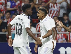 Real Madrid's Rodrygo celebrates scoring against Atletico Madrid on September 18, 2022