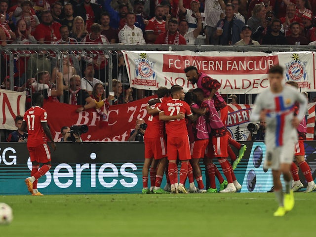 Bayern Munich's Leroy Sane celebrates scoring their second goal with teammates on September 13, 2022