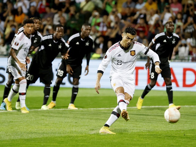 Cristiano Ronaldo of Manchester United scores against Sheriff Tiraspol on September 15, 2022