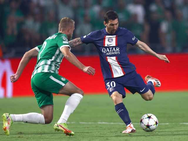 Paris Saint-Germain's Lionel Messi in action with Maccabi Haifa's Daniel Sundgren on September 14, 2022