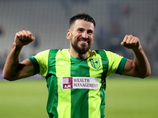 Nenad Tomovic celebrates scoring for AEK Larnaca on September 15, 2022