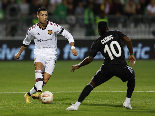 Manchester United's Cristiano Ronaldo in action with Sheriff Tiraspol's Cedric Badolo in the Europa League on September 15, 2022